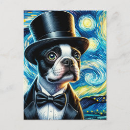 Cartão Postal Cachorro Boston Terrier Fofo com Cartola Van Gogh
