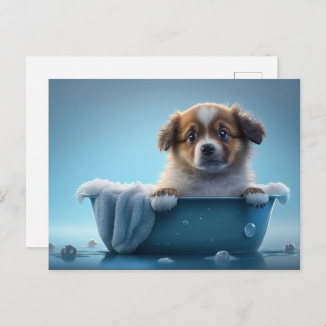 Cartão Postal Cachorro Cachorro no Banheira Azul (Frente/Verso)