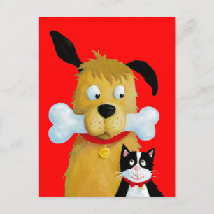 Cartão Postal Cachorro com Osso e Gato - Cartão-postal engraça
