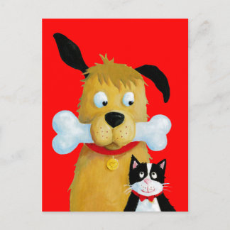 Cartão Postal Cachorro com Osso e Gato - Cartão-postal engraçado