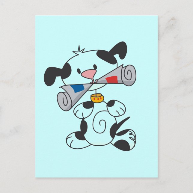 Cartão Postal Cachorro com T-shirts de jornal e presentes (Frente)