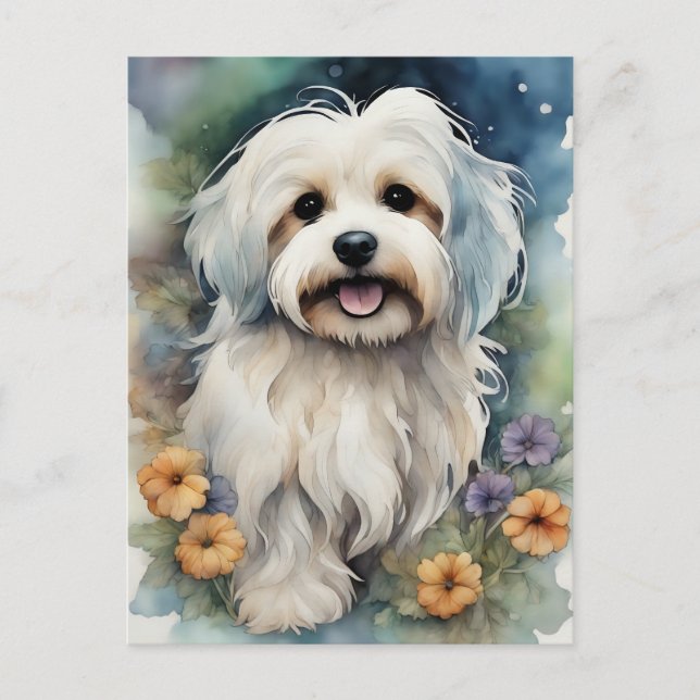 Cartão Postal Cachorro Cute Havanese em Watercolor (Frente)