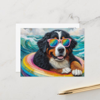 Cartão Postal Cachorro da Montanha Bernese em um Fluxo Colorido 