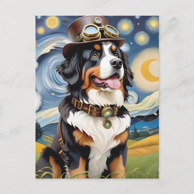 Cartão Postal Cachorro da Montanha Steampunk Bernese (Frente)