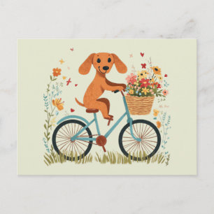 Cartão Postal Cachorro Dachshund Fofo Andando de Bicicleta entre