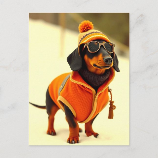 Cartão Postal Cachorro Dachshund Vestido com Roupas de Esqui (Frente)