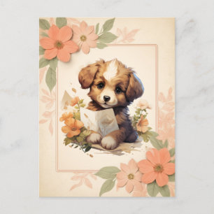 Cartão Postal Cachorro de Aquarela de Verão - Moldura Floral -