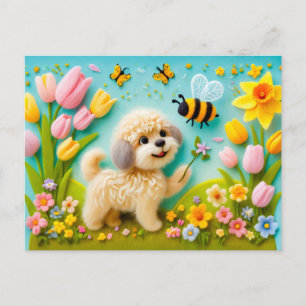 Cartão Postal Cachorro de Feltro com Flores da Primavera