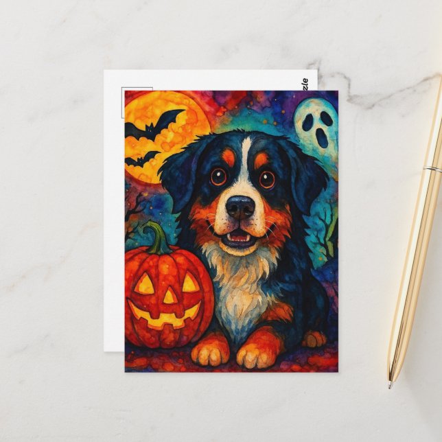 Cartão Postal Cachorro de Montanha Bernês de Halloween Adorável (Frente/Verso In Situ)
