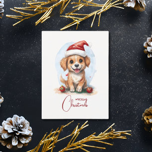 Cartão Postal Cachorro de Natal animado com Papai Noel e Ornamen