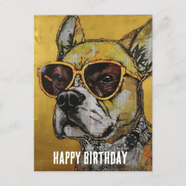 Cartão Postal Cachorro de Óculos Amarelos Colagem de Aniversário