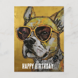 Cartão Postal Cachorro de Óculos Amarelos Colagem de Aniversário