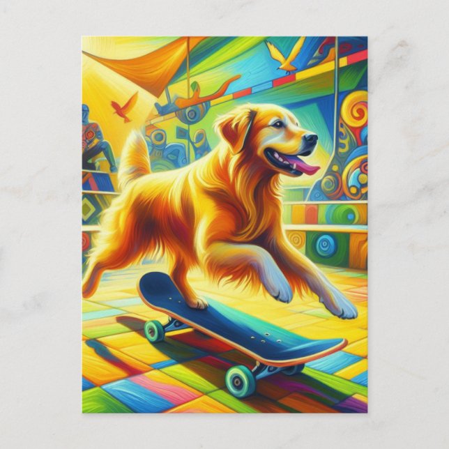 Cartão Postal Cachorro de Retriever de Ouro Skateboard (Frente)