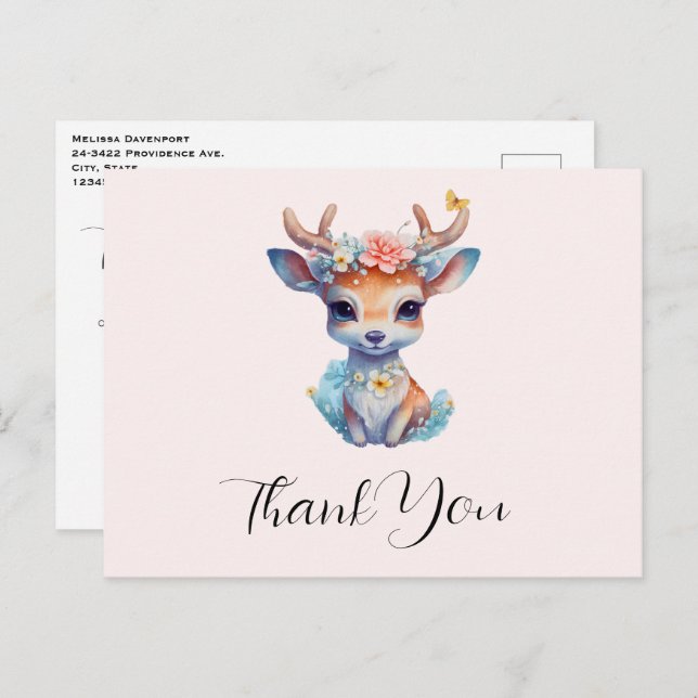 Cartão Postal Cachorro de veado com traficantes e flores Obrigad (Frente/Verso)