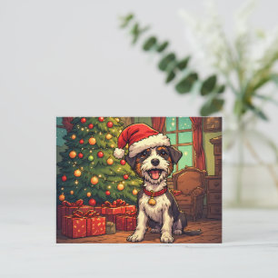 Cartão Postal Cachorro Desgrenhado Chapéu de Papai Noel Árvore d