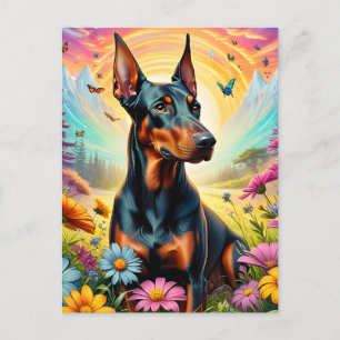 Cartão Postal Cachorro Doberman, Flores e Cena de Montanha