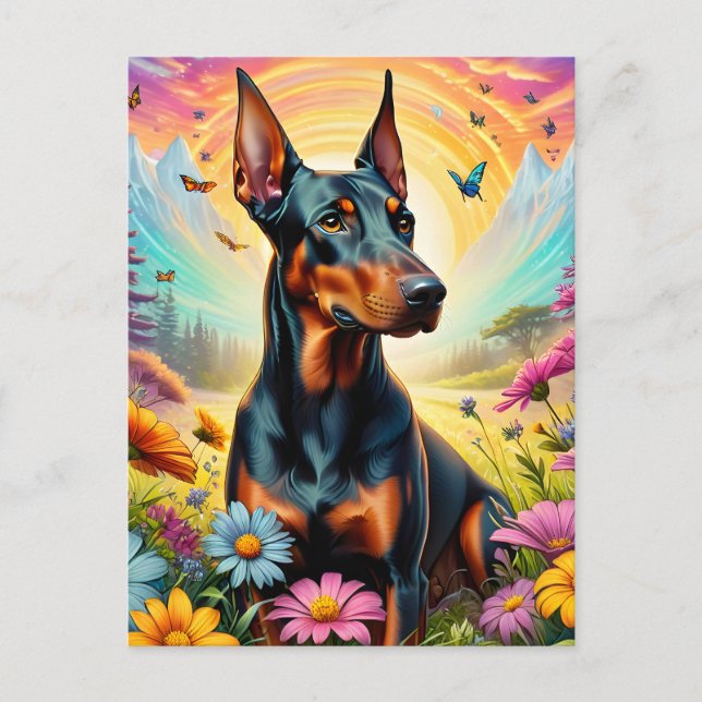 Cartão Postal Cachorro Doberman, Flores e Cena de Montanha (Frente)