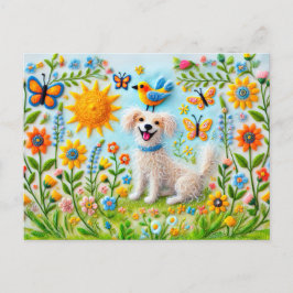 Cartão Postal Cachorro Feliz com Borboletas no Jardim