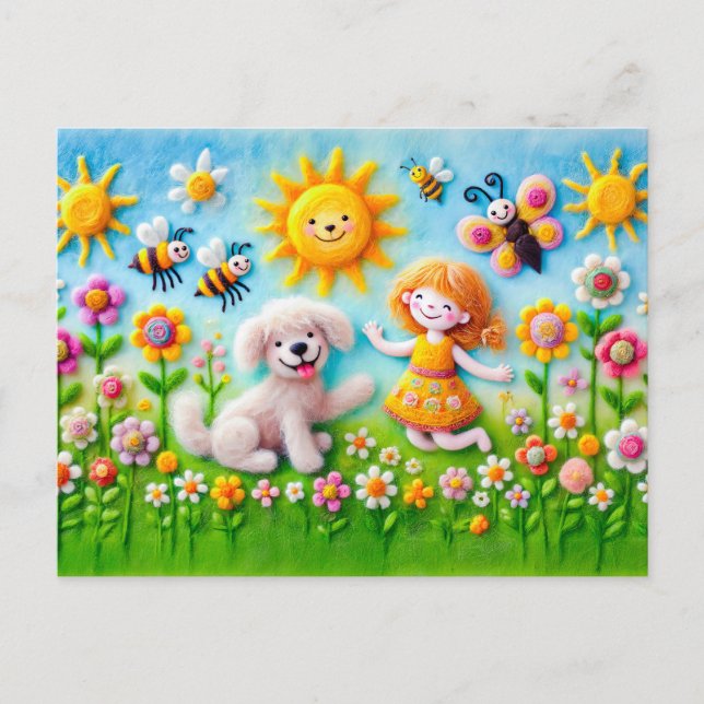 Cartão Postal Cachorro Feliz e Criança no Jardim Flor (Frente)