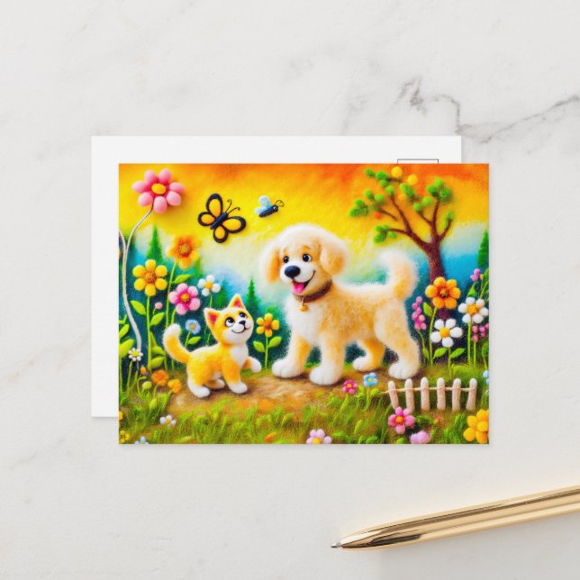 Cartão Postal Cachorro Feliz e Gato no Jardim Sunset Ouro (Frente/Verso In Situ)