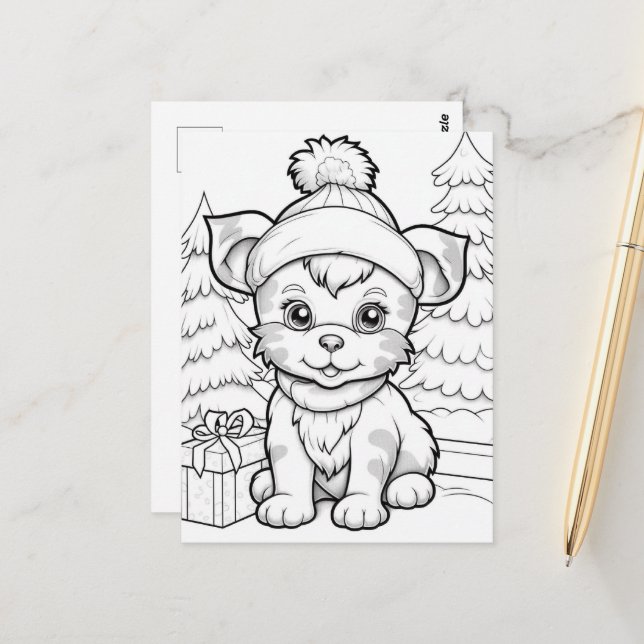 Cartão Postal Cachorro festivo para colorir infantil  (Frente/Verso In Situ)