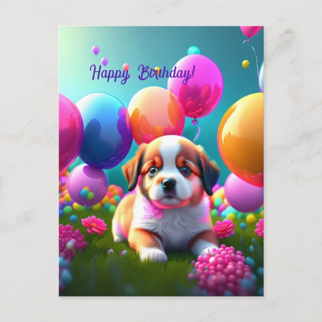 Cartão Postal Cachorro fofo com balões - aniversário  (Frente)