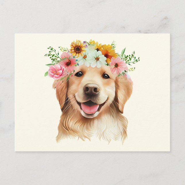 Cartão Postal Cachorro fofo do Golden Retriever com Flores  (Frente)