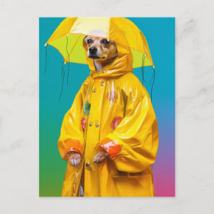Cartão Postal Cachorro Fofo em um Impermeável Amarelo