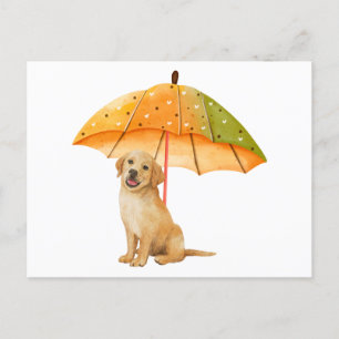Cartão Postal Cachorro Fofo sob Guarda-chuva de Cores de Outono