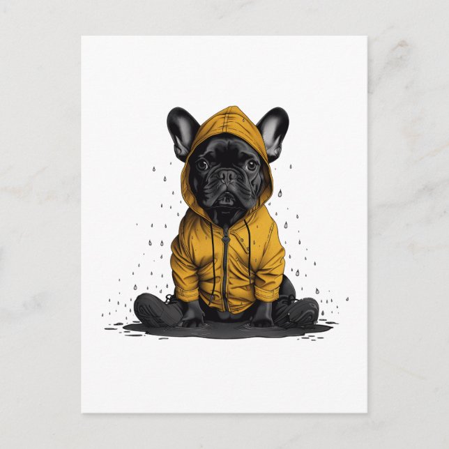 Cartão Postal Cachorro francês bonito Vestindo capa-de-chuva (Frente)