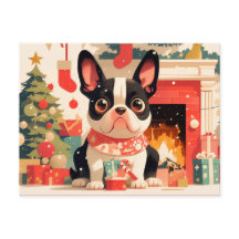 Cachorro francês fofo perto da lareira de Natal