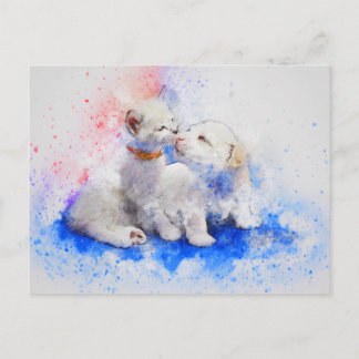 Cartão Postal Cachorro Gato Aquarela Amor Cutense