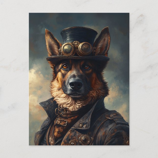Cartão Postal Cachorro German shepherd Steampunk no Chapéu Super (Frente)