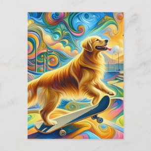 Cartão Postal Cachorro Golden Retriever Colorido Andando de Skat