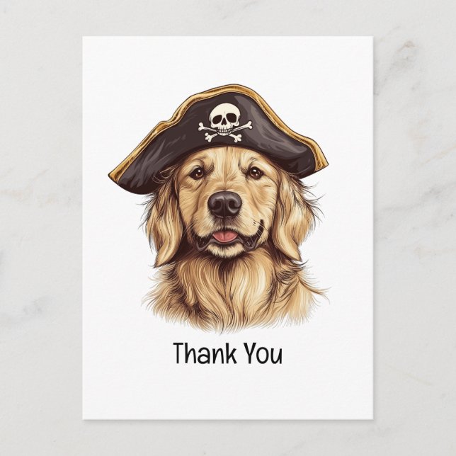 Cartão Postal Cachorro Golden Retriever Crânio Pirata Obrigado (Frente)