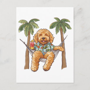 Cartão Postal Cachorro Goldendoodle com Roupa Havaiana