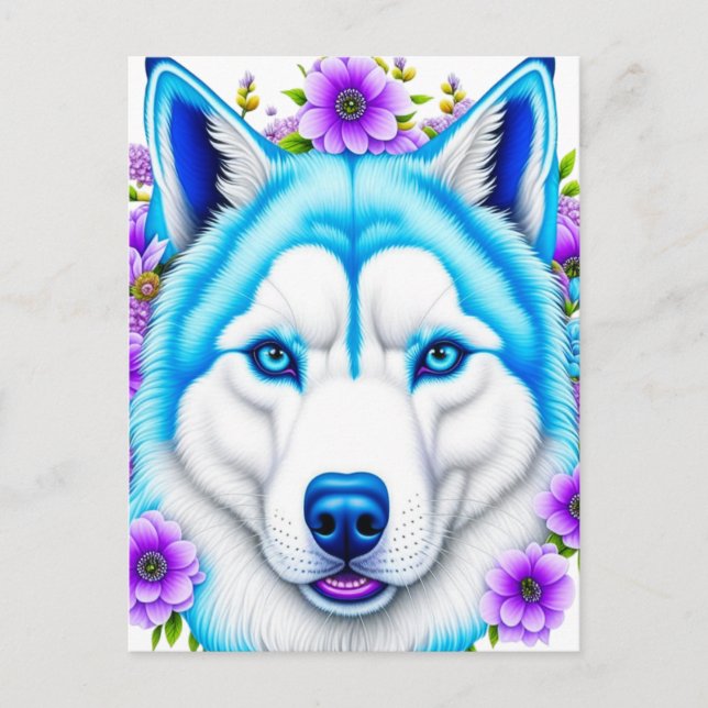 Cartão Postal Cachorro Husky com Olhos Azuis e Flores   (Frente)