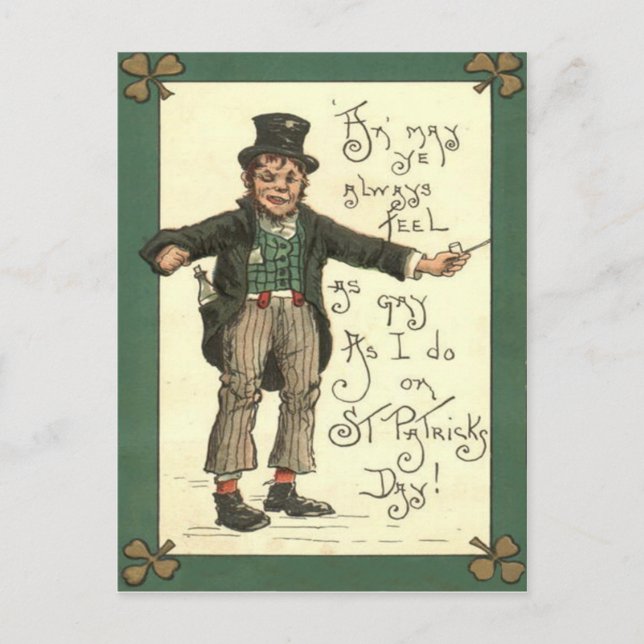 Cartão Postal Cachorro Leprechaun Álcool Pipe de Argila Trevo (Frente)