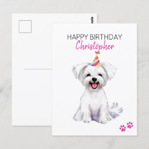 Cartão Postal Cachorro Maltês Personalizado Feliz Aniversário 