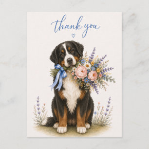 Cartão Postal Cachorro Montanha Bernesa Buquê de Flores Obrigado