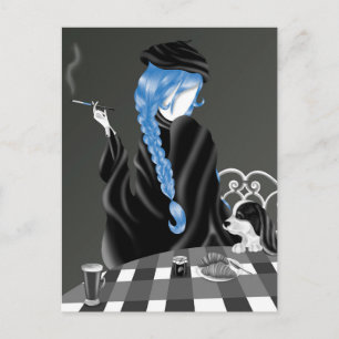 Cartão Postal Cachorro & Mulher no café Blue Hair Postcard