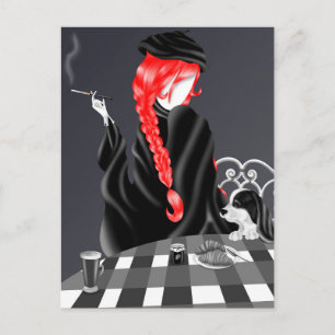 Cartão Postal Cachorro & Mulher no café Red Hair Postcard