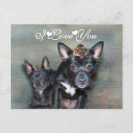 Cartão Postal Cachorro Negro Chihuahua com Mouse Eu Te Amo