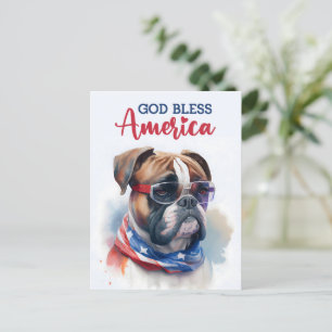 Cartão Postal Cachorro Patriótico - Boxer, Deus Abençoe a Améric