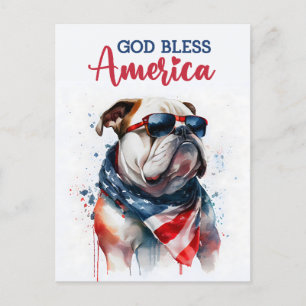 Cartão Postal Cachorro Patriótico-Buldogue, Deus Abençoe a Améri