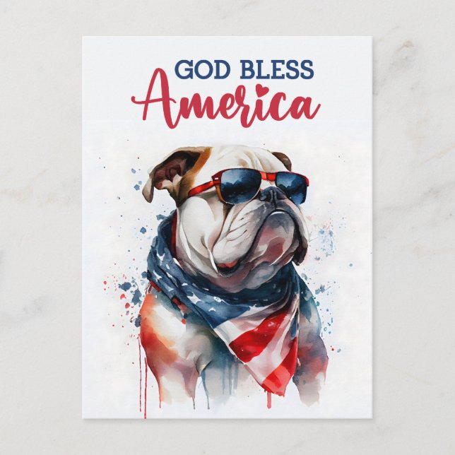 Cartão Postal Cachorro Patriótico-Buldogue, Deus Abençoe a Améri (Frente)