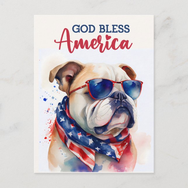 Cartão Postal Cachorro Patriótico-Buldogue, Deus Abençoe a Améri (Frente)