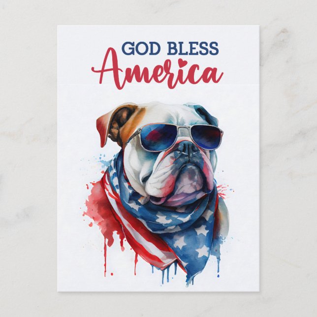 Cartão Postal Cachorro Patriótico-Buldogue, Deus Abençoe a Améri (Frente)