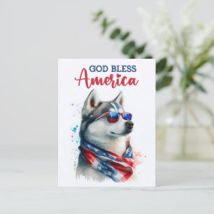 Cartão Postal Cachorro Patriótico-Husky, Deus Abençoe a América 