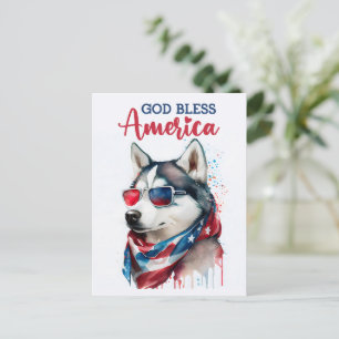Cartão Postal Cachorro Patriótico-Husky, Deus Abençoe a América